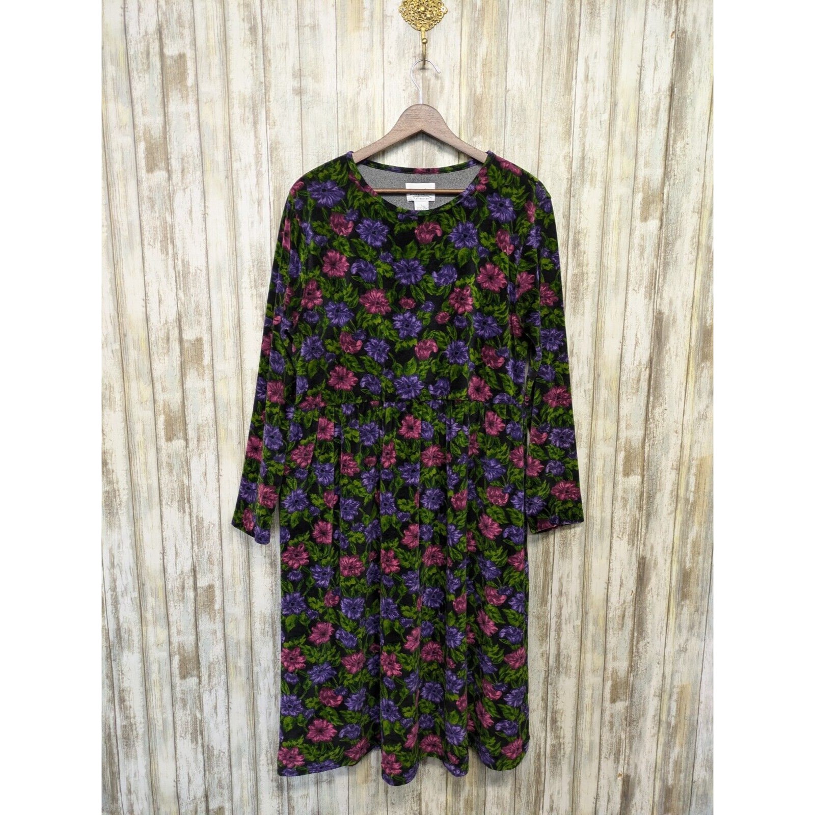 Vintage Hanes Velvet Dress Floral Signature Pleated Midi Cottage 90s Large